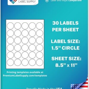Premium Label Supply White Sticker Round Labels \u2013 1.5" Circle \u2013 Laser\/Inkjet Compatible \u2013 (30 per Sheet), 25 Sheets \u2013 750 Total Adhesive Labels