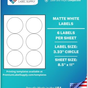 Premium Label Supply White Sticker Round Labels \u2013 3.33" Circle \u2013 Laser\/Inkjet Compatible \u2013 (6 per Sheet), 100 Sheets \u2013 600 Total Adhesive Labels