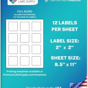 Premium Label Supply White Sticker Square Labels with Bleed \u2013 2" x 2" \u2013 Laser\/Inkjet Compatible \u2013 (12 per Sheet), 500 Sheets \u2013 6,000 Total Adhesive Labels