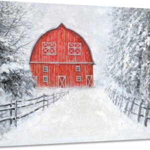 Red Barn Pictures Wall Art Decor Snowy Barn House Winter Landspace Picture Print on Canvas for Bathroom Bedroom with Framed Ready to Hang 32 x 24