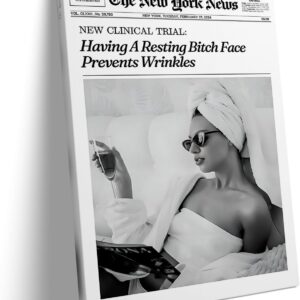 Retro Woman Newspaper Canvas Wall Art Trendy Pictures Print, Funny Poster Framed Artwork, Vintage Black and White Canvas Wall Décor Oil Painting for Bathroom, Bedroom, Office, Spa 20x24inch