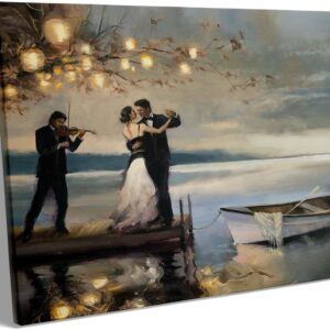 Romantic Canvas Wall Art, Couple Dancing on Dock with Violinist Picture Print, Elegant Wedding Poster Print Artwork, Vintage Framed Art for Living Room and Bedroom Decor 20" x 24"