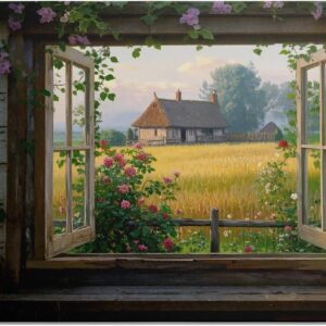 Rustic Farmhouse Landscape Canvas Wall Decor Farm Wall Art Green Scenery Artworks Wooden Framed Butterfly Wall Decor Posters Prints Home Decor for Bedroom Living Room Ready to Hang