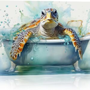 Sea Turtle Canvas Wall Art Bathroom Decor Funny Turtle in Bathtub Picture Sea Creature Prints Ocean Theme Painting Modern Artwork Home Decor Framed - 16.00x24.00 inch