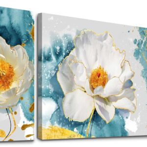 SERIMINO Peony Flower Canva Wall Art for Living Room, Modern White Blossom Artwork Blue Floral Picture Wall Decor for Bedroom Bathroom Kitchen Dining Room Prints Paintings for Home