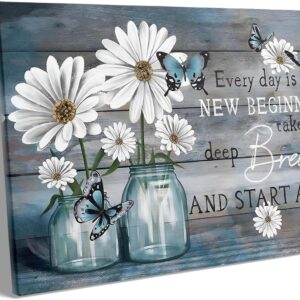 Sunwes Inspirational Canvas Wall Art, Every Day is a New Beginning with Daisies Butterflies Pictures Print, Motivational Quote Print Artwork, Rustic Wall Decor for Living Room and Bedroom 11x14inch