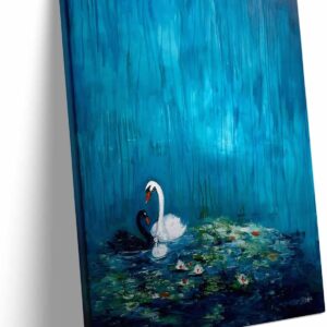 Swan Lake Canvas Wall Art, Romantic Black and White Swans on Water Print, Dreamy Nature Poster Framed Oil Painting, Vintage Symbolist Artwork for Bedroom Living Room or Hallway Decor 8x10inch