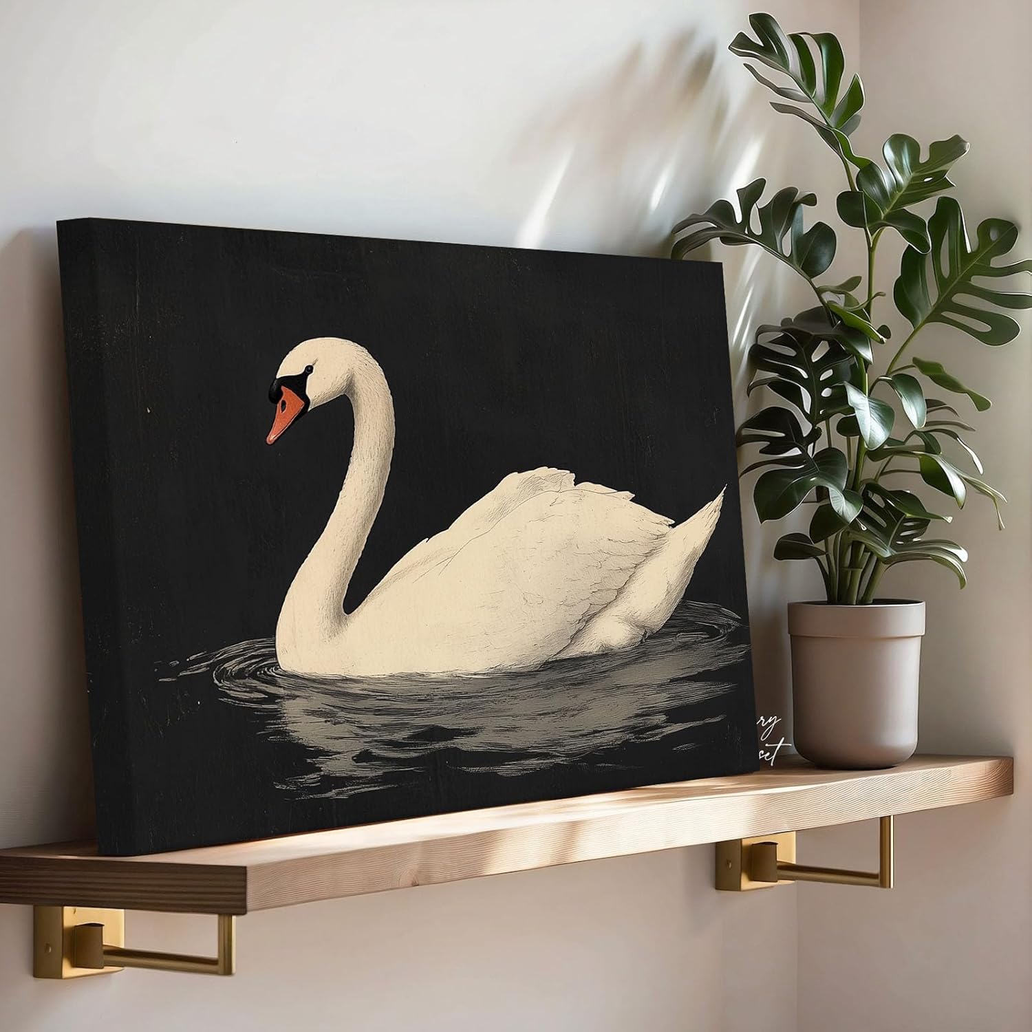 TYPTEK Retro Canvas Wall Art Swan Painting on Black Background Oil Painting Pictures Print Summer Wall Decor for Home Kitchen Bedroom Nursery Gifts - Image 3