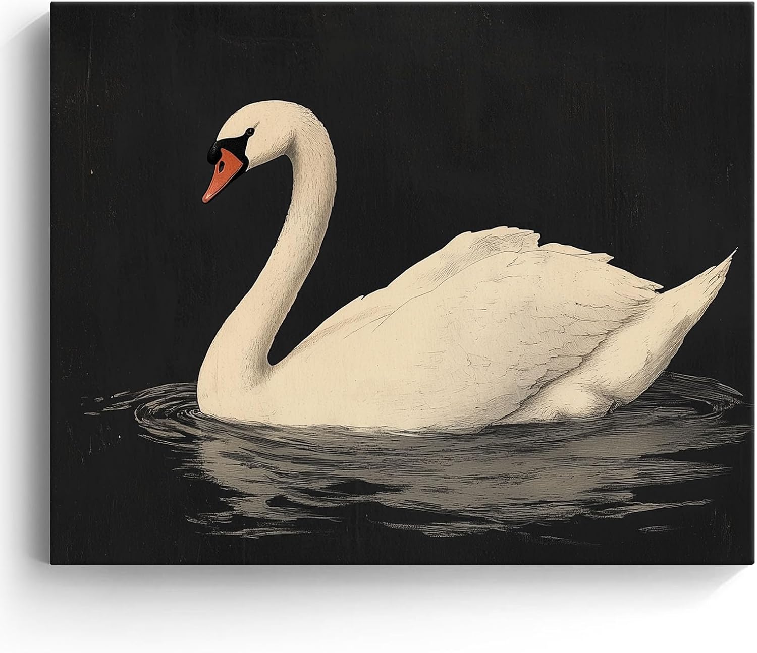 TYPTEK Retro Canvas Wall Art Swan Painting on Black Background Oil Painting Pictures Print Summer Wall Decor for Home Kitchen Bedroom Nursery Gifts