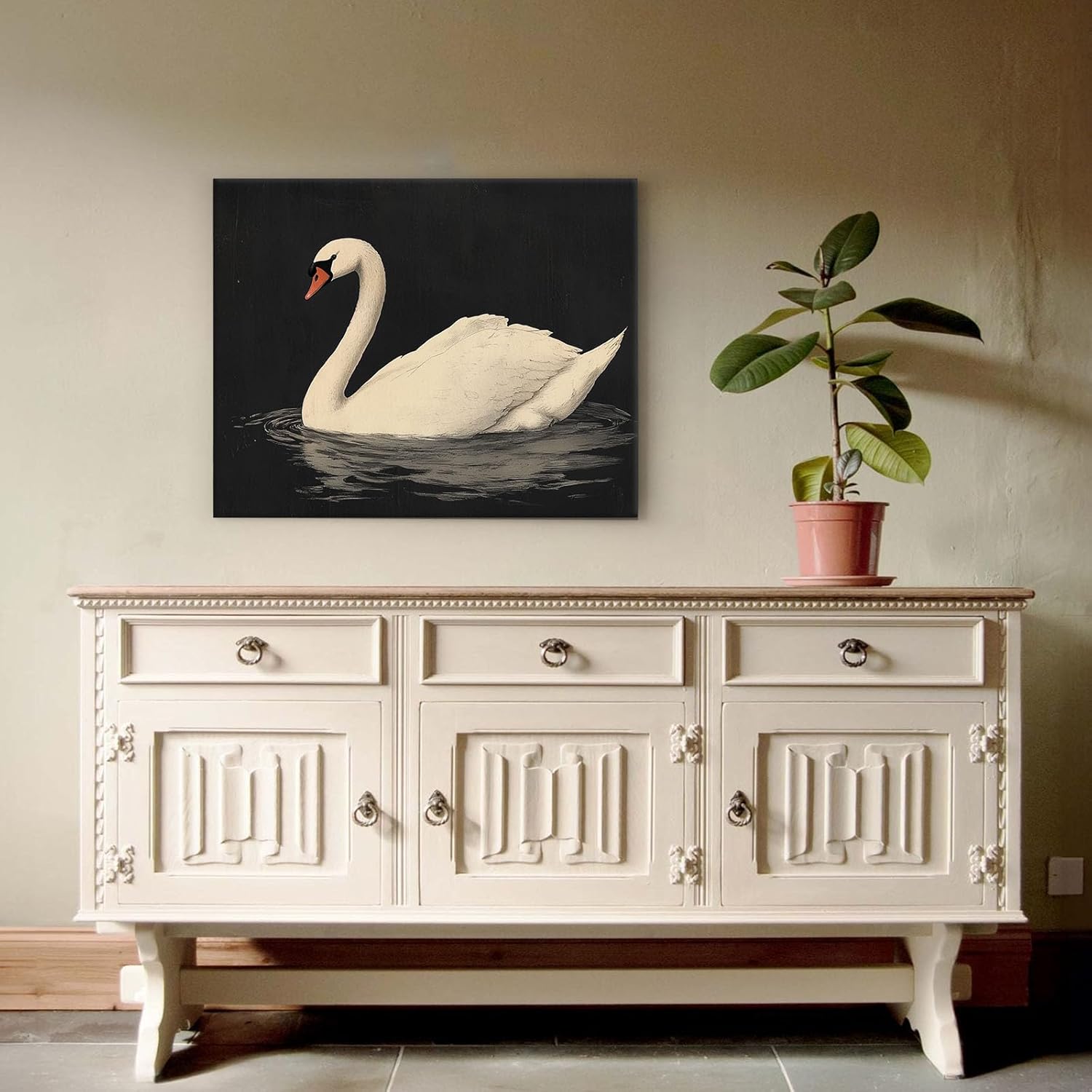 TYPTEK Retro Canvas Wall Art Swan Painting on Black Background Oil Painting Pictures Print Summer Wall Decor for Home Kitchen Bedroom Nursery Gifts - Image 5