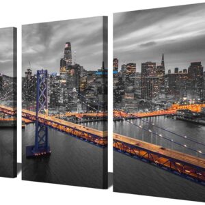 US San Francisco Skyline Wall Art Bay Bridge Wall Decor Black and White Painting Canva Print California Scenery Picture Poster Frame Ready to Hang for Room Bedroom Decoration(54x30inch)