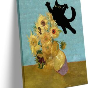 Vintage Canvas Wall Art Funny Cat and Sunflowers Poster Framed Art, Retro Landscape Floral Pictures Print, Whimsical Animal Wall Oil Painting for Bedroom and Farmhouse Décor 16x20inch