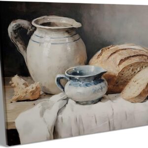 Vintage Kitchen Still Life Canvas Wall Art, Rustic Bread and Ceramic Jug Print, Farmhouse Bakery Poster Framed Oil Painting, Classic Country Decor Artwork for Dining Room or Kitchen Wall 8x10inch