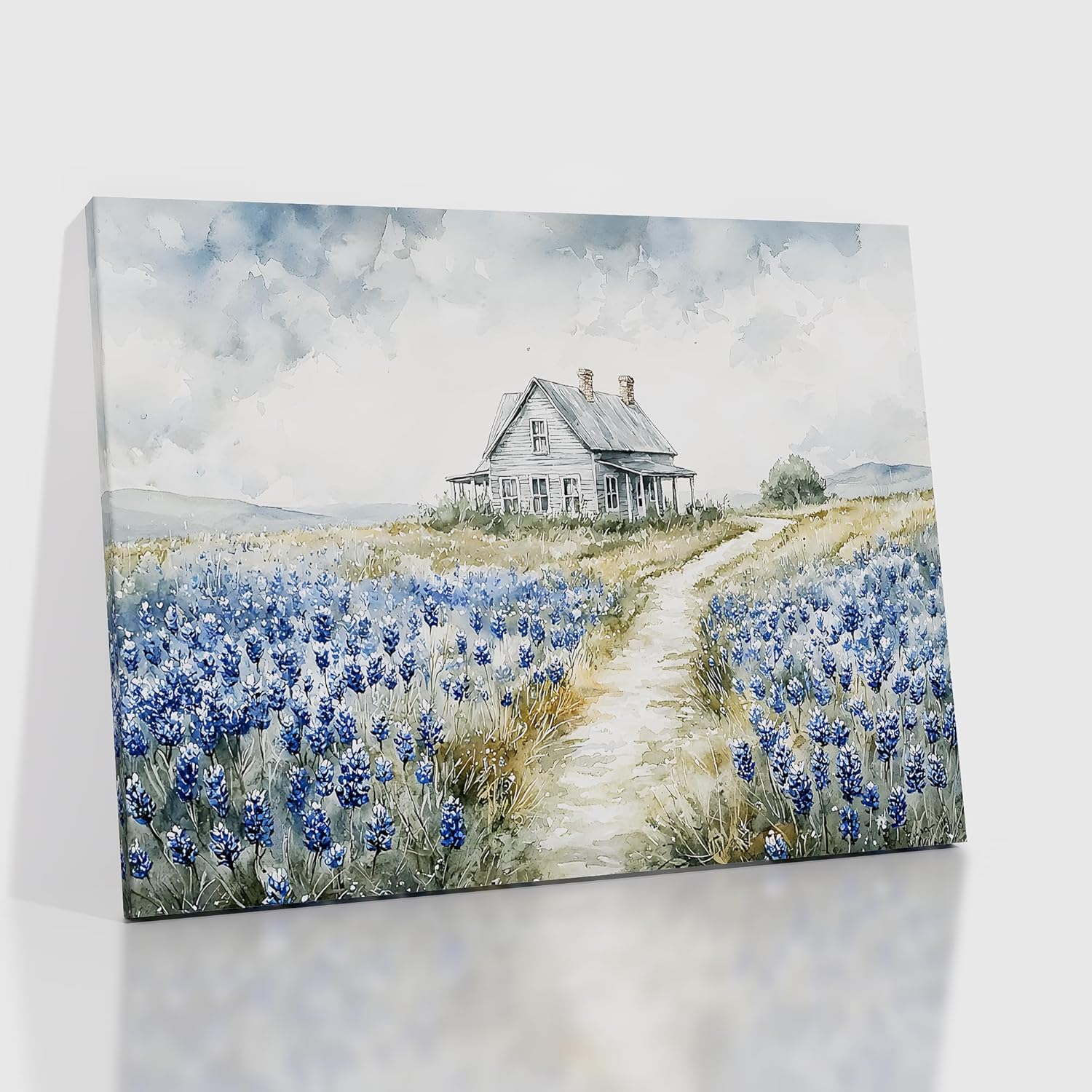 Vintage Landscape Canvas Wall Art Home Decor French Countryside Blue Wildflower Poster Oil Painting Print Field Path Picture Artwork for Bedroom Farmhouse Dining Room Ready to Hang [24''Wx18''H]