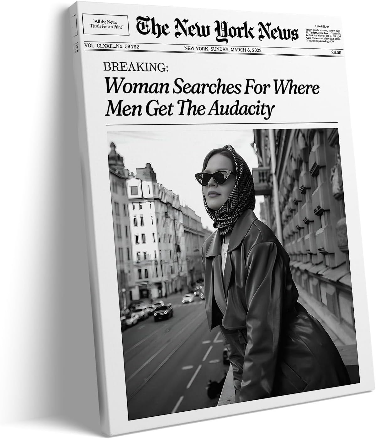 Vintage Newspaper Canvas Wall Art Trendy Pictures Print, Black and White Poster Framed Art, Retro Woman Oil Painting for Bedroom, Bathroom, Office, and Farmhouse Wall Décor 8x10inch