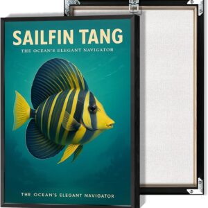 Vintage Sailfin Tang Poster Fish Nautical Sea Creature Canva Wall Art Blue And Yellow The Oceans Elegant Navigator Prints Painting For Living Room Bathroom Office Wall Decor 8x12in Framed