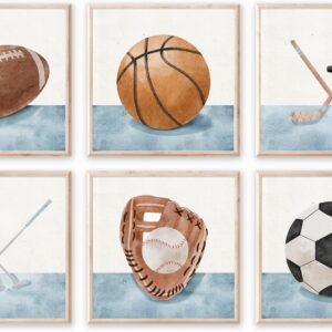 Vintage Sports Wall Art Boys Room Wall Decor Nursery Balls Prints Decor Watercolor Football Baseball Soccer Basketball Canva Painting Sports Posters for Kids Bedroom Playroom 6PCS Unframed