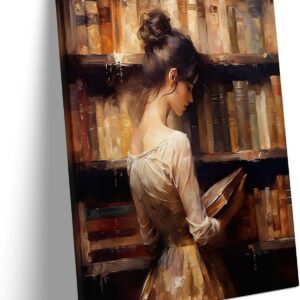 Vintage Woman Reading Canvas Wall Art, Elegant Lady in Library with Book Print, Romantic Literary Poster Framed Oil Painting, Classic Baroque Wall Decor for Bedroom or Living Room Decor 16x20inch