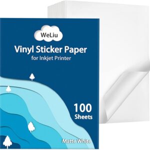 WeLiu Premium Printable Vinyl Sticker Paper for Inkjet Printer,100 Sheets Matte White Waterproof Decal Paper, Dries Quickly and Holds Ink Beautifully