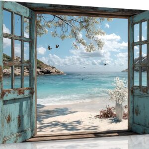 Window Beach canvas Wall Art Blue Coastal Ocean Windows Sea View Paintings Pictures Wall Decor Fake Window Frame Seascape Style Poster Printing Artwork for Living Room Bathroom Home Decoration