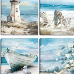 XXOUYLQ 4pcs Blue Beach Canva Wall Art Beach Bathroom Wall Decor Seagull Posters Ocean Flower Pictures lighthouse Painting Starfish Prints Modern Coastal Seascape Canvas frame