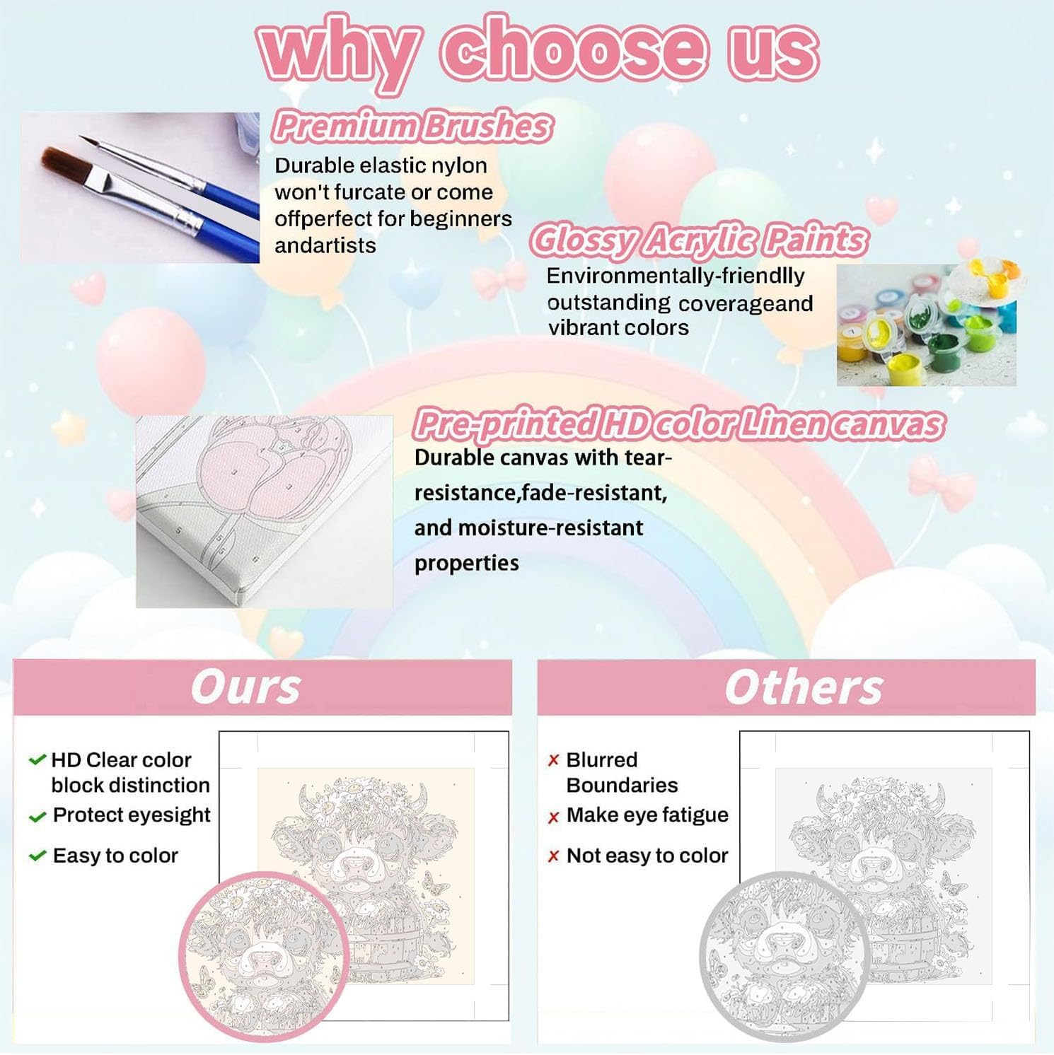 YarnWhimsy 4 Pack Paint by Numbers Kit for Kids with Frame- Animals Paint by Numbers for Kids Ages 4 8 12, Easy Elephants Horses Cows Deer DIY Acrylic Oil Painting Kits for Home Wall Decor(8X8inch) - Image 3