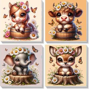 YarnWhimsy 4 Pack Paint by Numbers Kit for Kids with Frame- Animals Paint by Numbers for Kids Ages 4 8 12, Easy Elephants Horses Cows Deer DIY Acrylic Oil Painting Kits for Home Wall Decor(8X8inch)